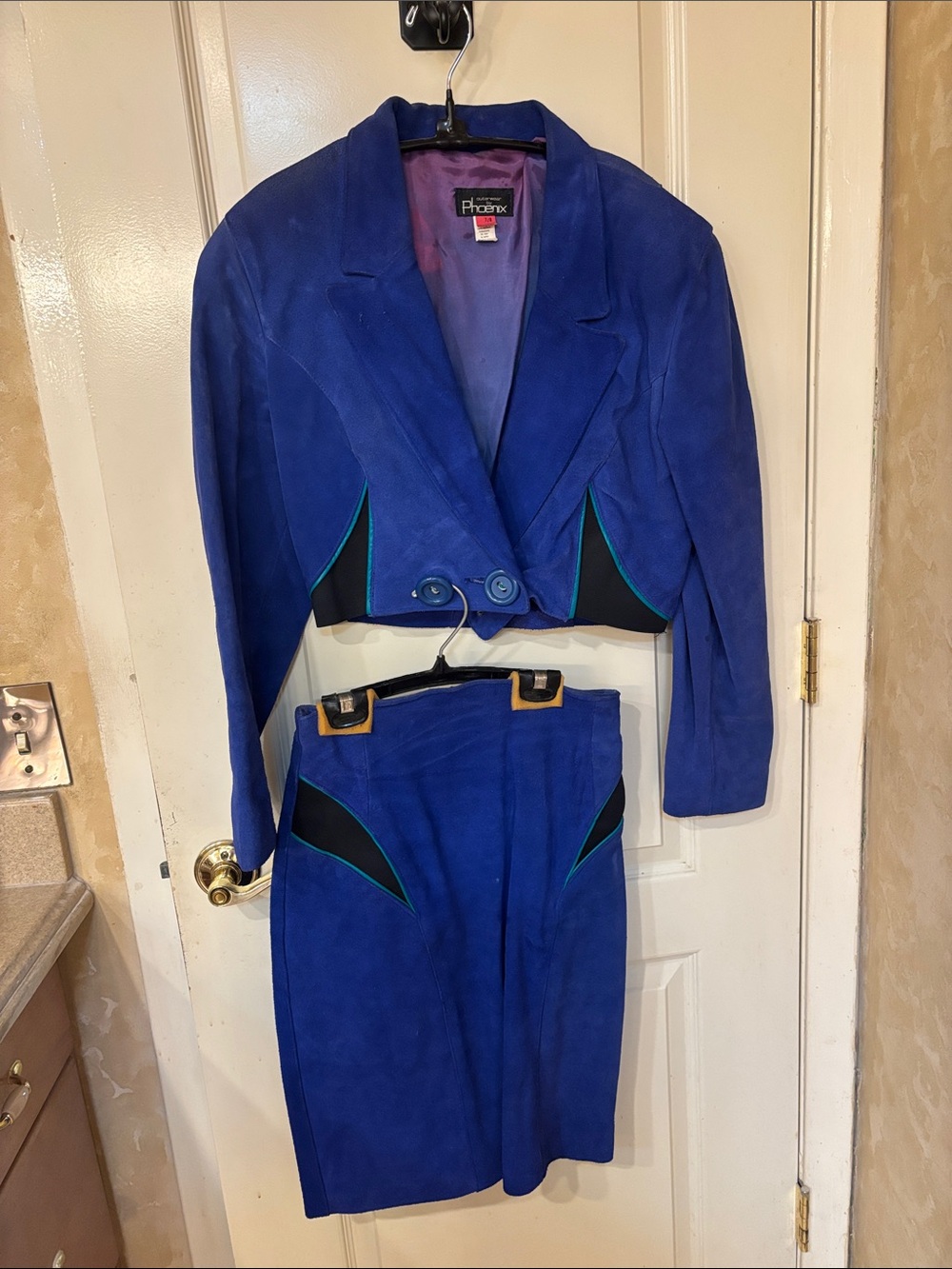 Phenix Blue Suede Cropped Blazer and Pencil Skirt Set